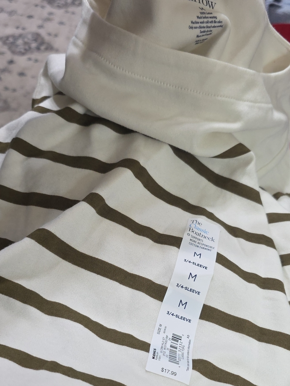 The Classic Men's Boatneck 3/4 Sleeve Stripe Shirt - Olive & Cream